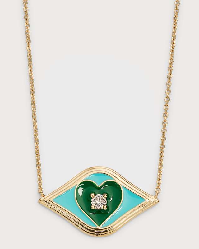 14K Fluted Enamel Evil Eye Heart Pendant Necklace